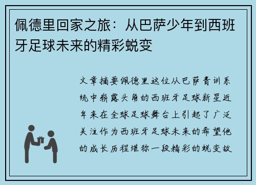 佩德里回家之旅：从巴萨少年到西班牙足球未来的精彩蜕变