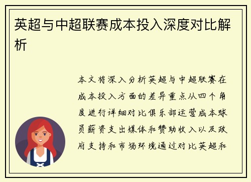 英超与中超联赛成本投入深度对比解析
