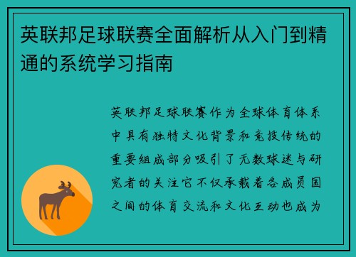 英联邦足球联赛全面解析从入门到精通的系统学习指南
